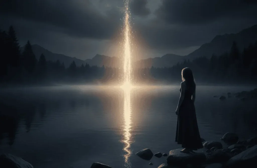 An AI-generated image of a woman standing in front of a lake with a beam of light coming out of it