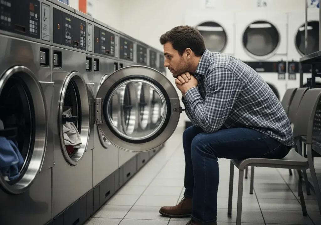 An AI-generated image of a man in a laundromat