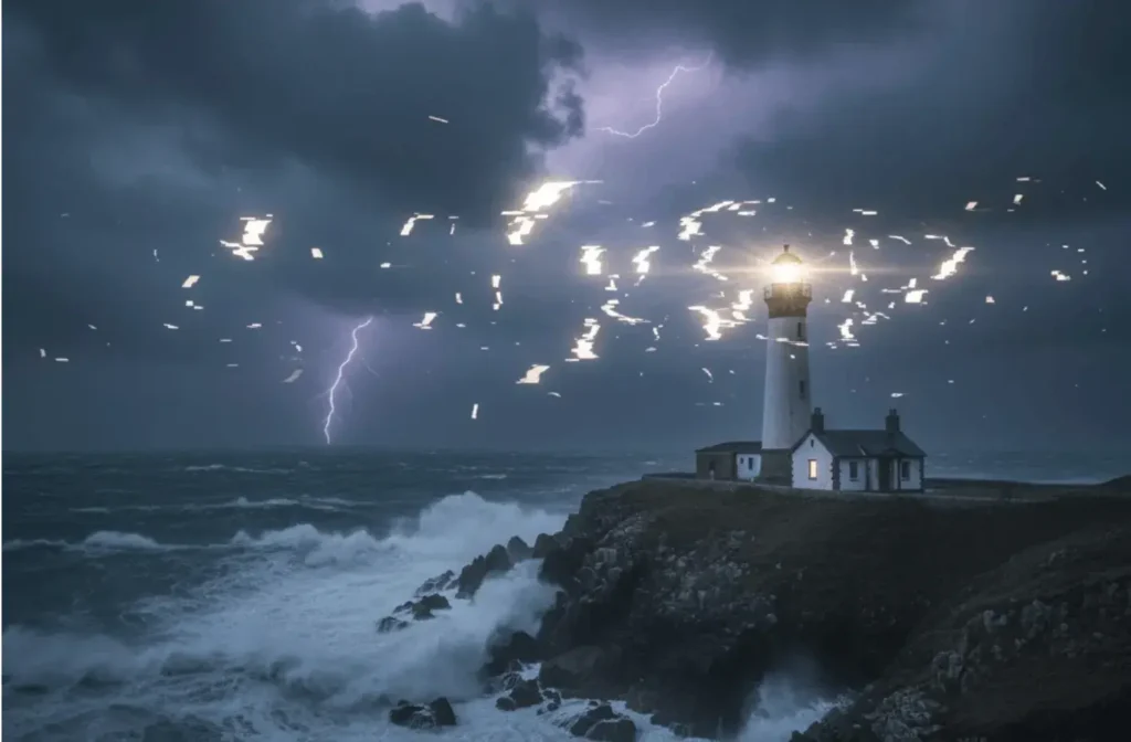 An AI-generated image of a lighthouse giving off sparks