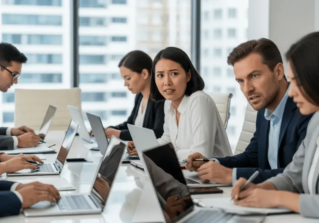 An AI-generated image of a tense meeting