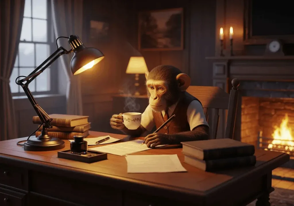 An AI-generated image of a monkey drinking tea and writing on paper