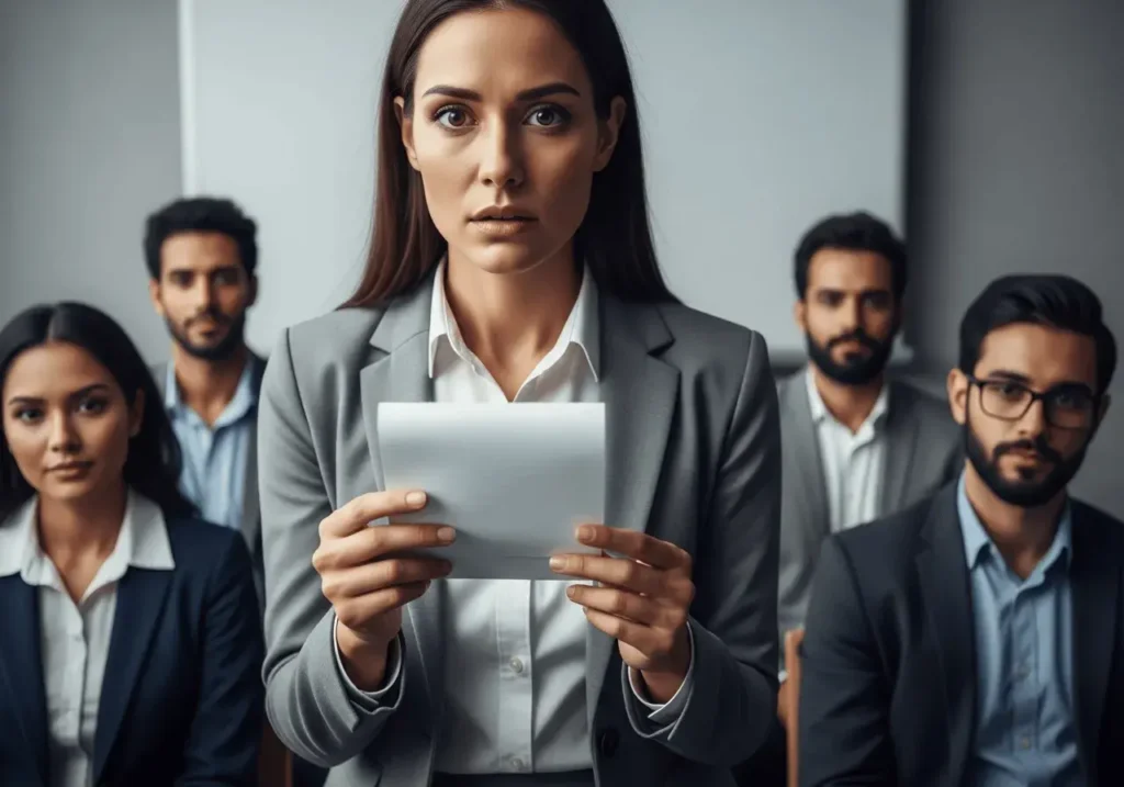 An AI-generated image of a nervous woman with note cards