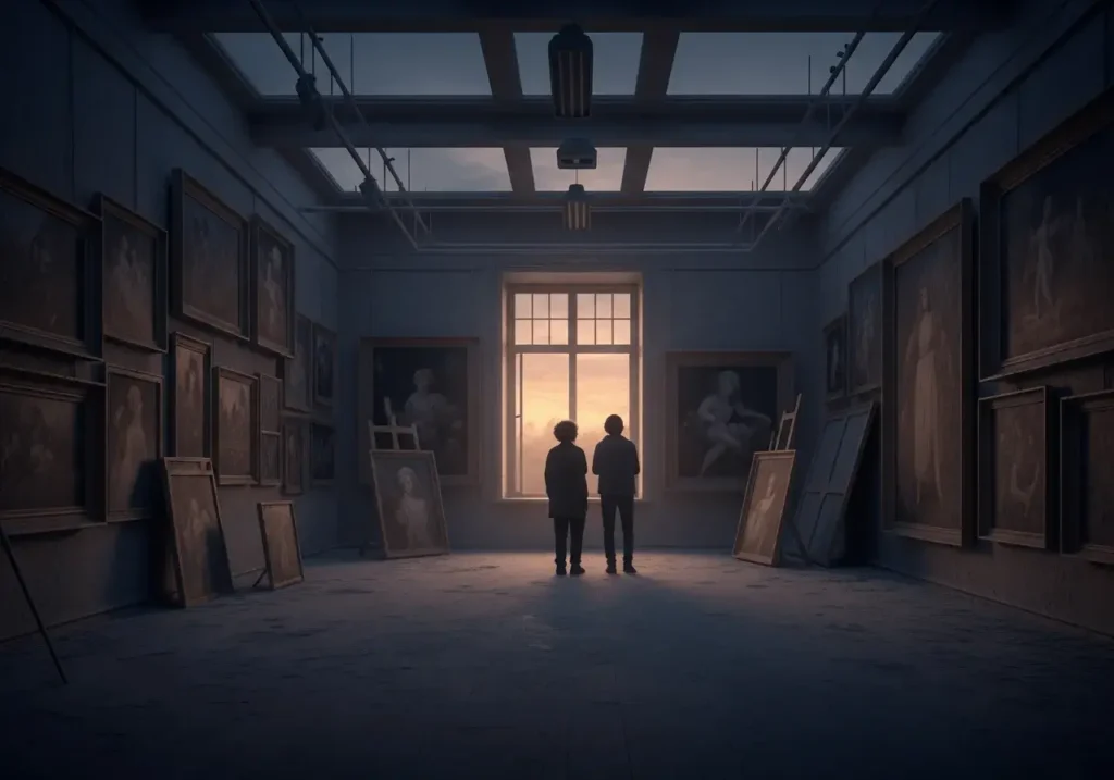 An AI-generated image of an abandoned art gallery