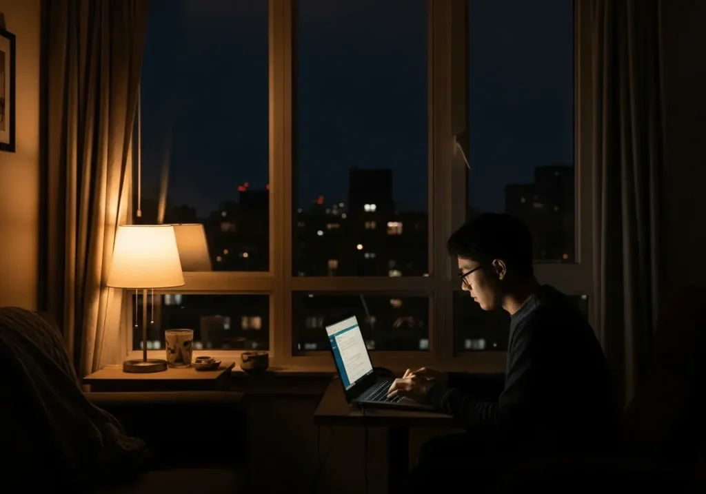 An AI-generated image of a man working on a computer alone at night