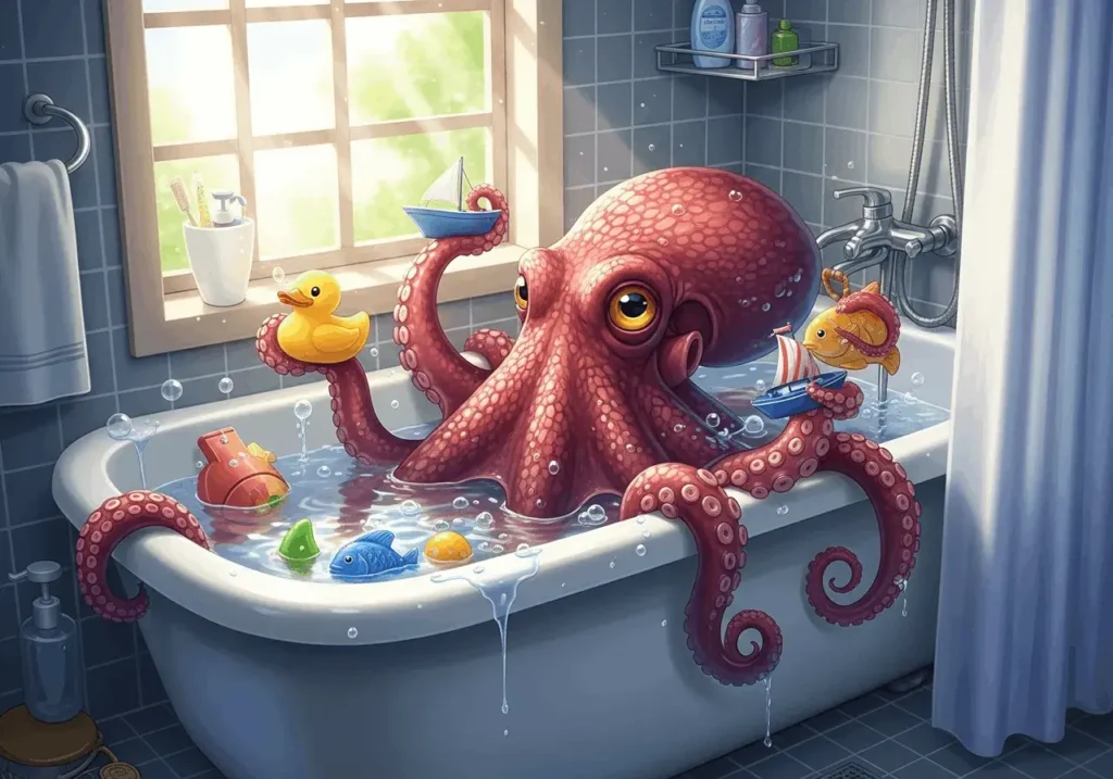 An AI-generated image of a cartoon octopus in a bathtub