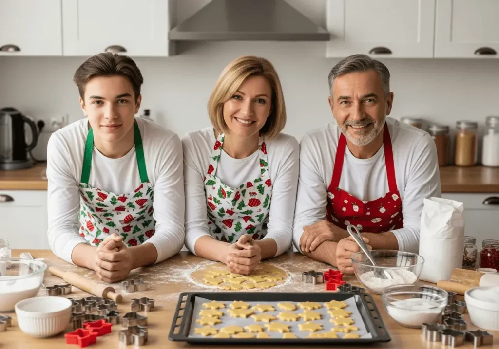 An AI-generated image of a family baking Christmas cookies