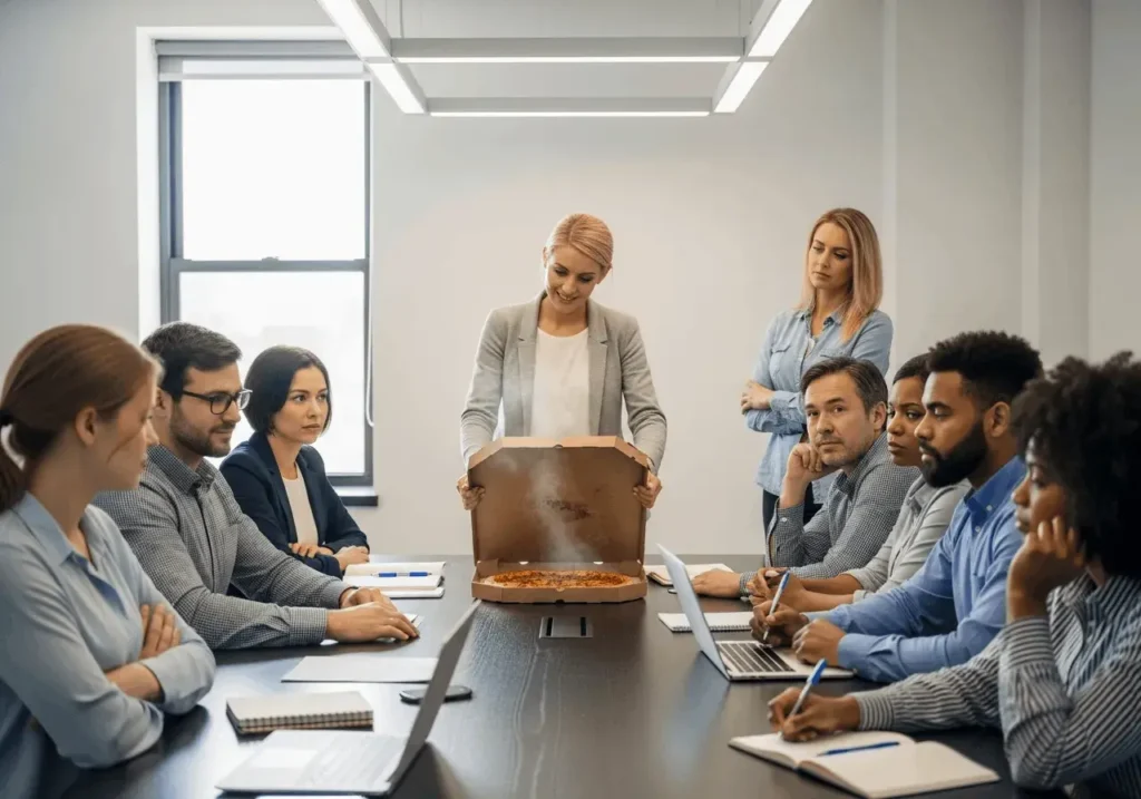 An AI-generated image of a woman opening a pizza box in an office