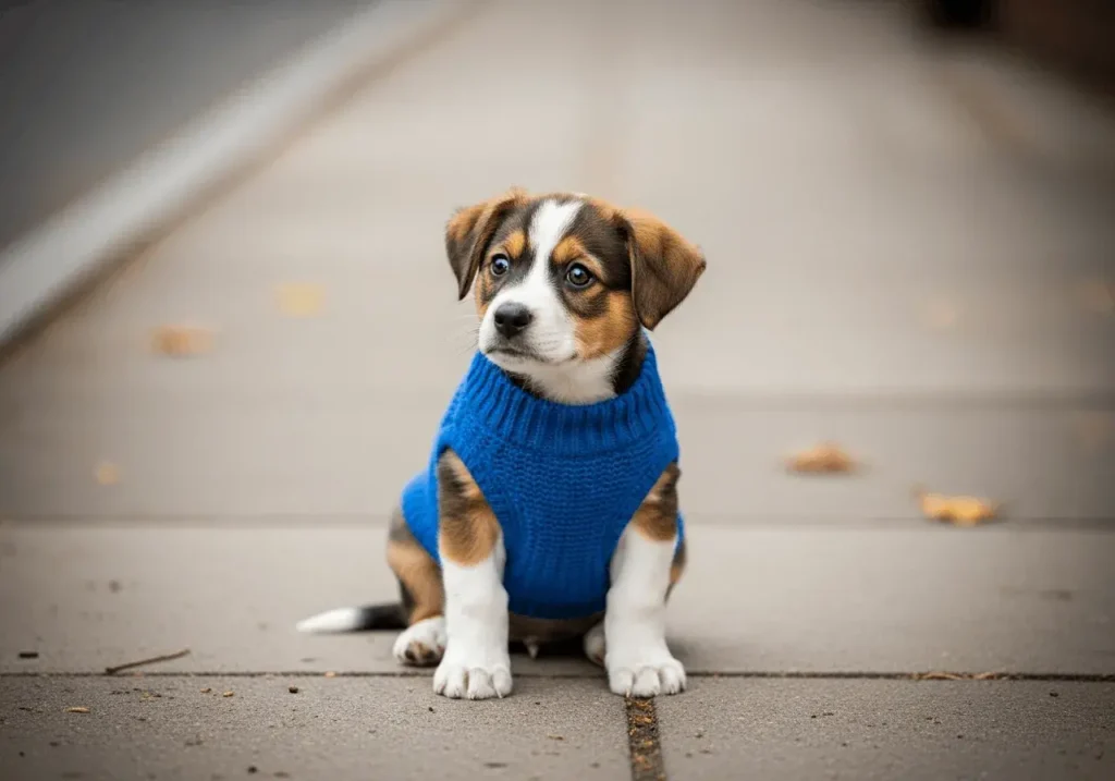 An AI-generated image of a puppy wearing a sweater sitting on the sidewalk