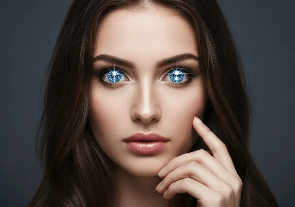 An AI-generated image of a woman with sapphires for eyes