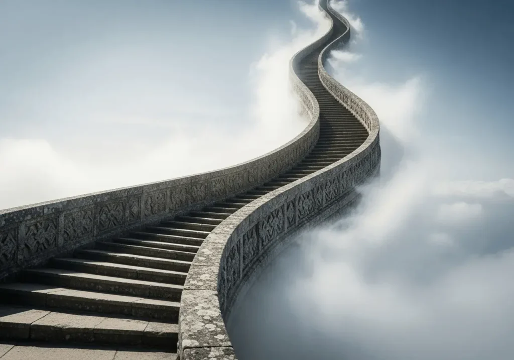 An AI-generated image of a stairway winding into the clouds