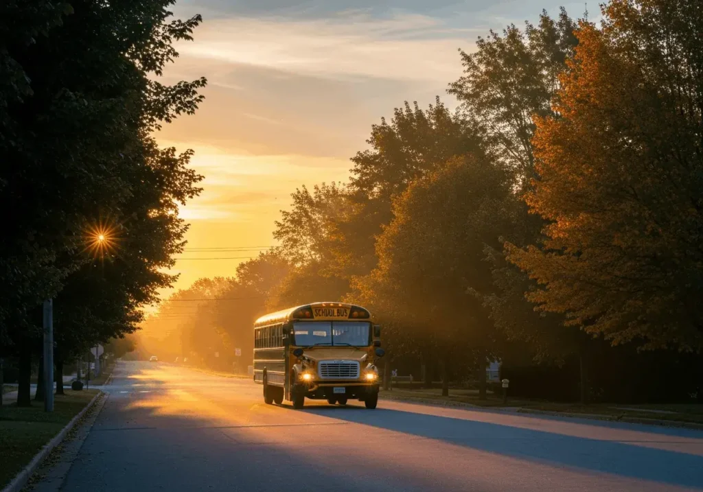 An AI-generated image of a school bus at dawn