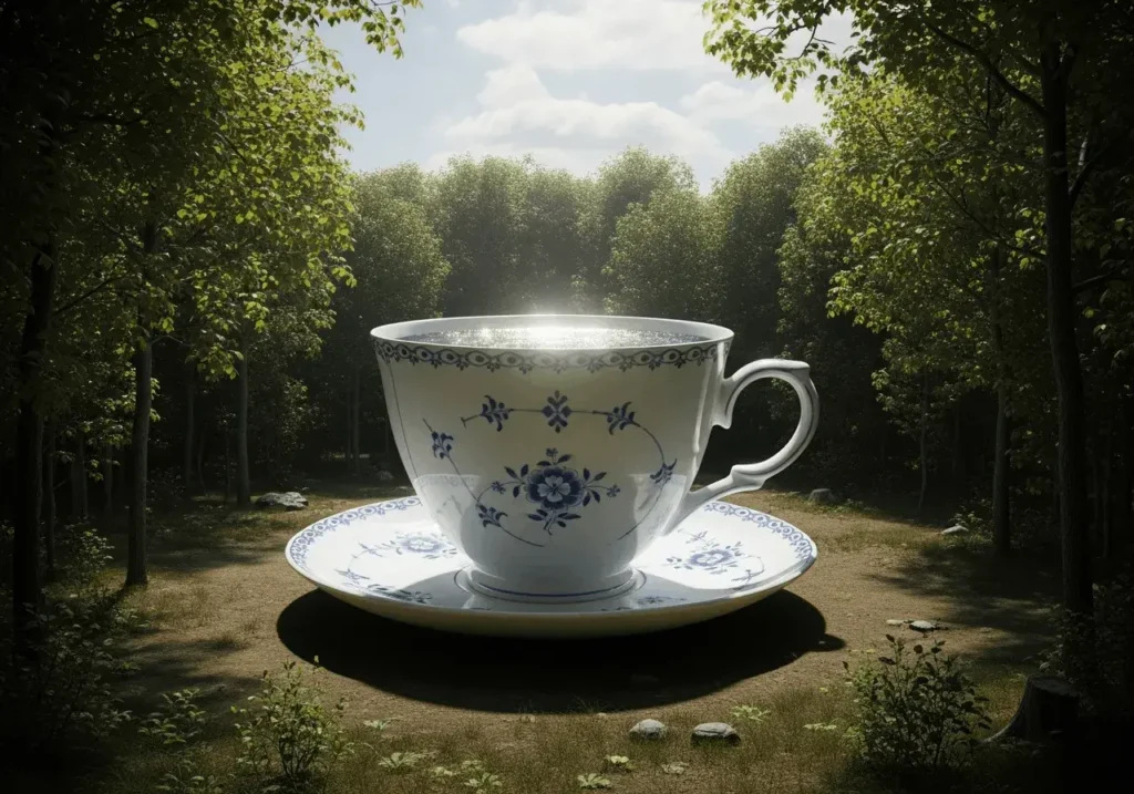 An AI-generated image of a giant teacup in the forest