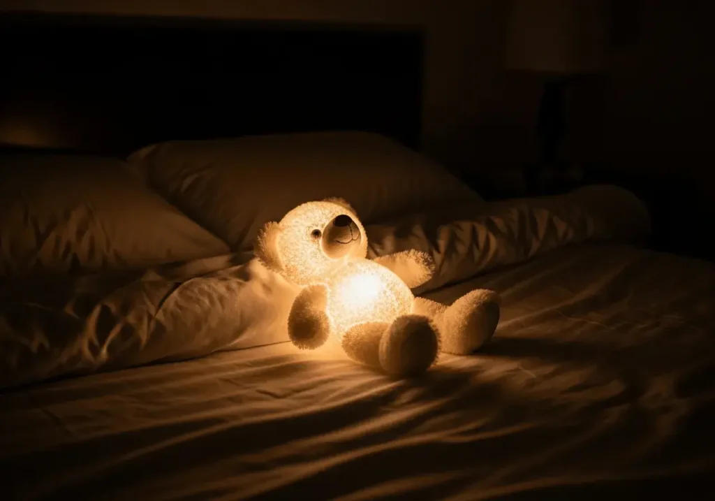 An AI-generated image of a glowing teddy bear