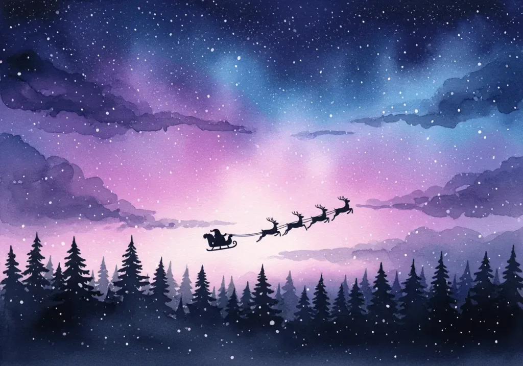 An AI-generated image of Santa and his reindeer flying across a watercolor sky