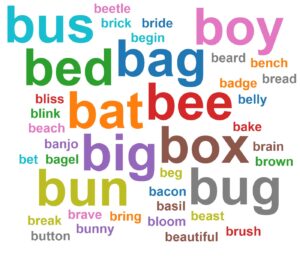 Word cloud of words that start with letter "B," including "bus," "bed," "bag," "brain," "bring," and "beach."