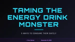 Title slide for a presentation about energy drinks with a black background, turquoise title and white subtitle