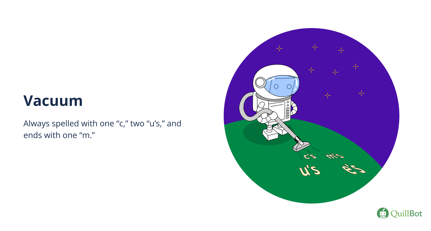 QuillBot visual depiciting a robot vacuuming in space to explain how to spell 'vacuum'