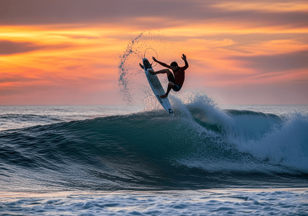 An AI-generated image of a surfer doing an aerial