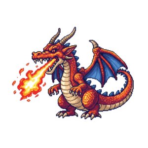 Side profile of a red dragon with large spread wings breathing orange fire, rendered in 16-bit pixel art with detailed scales, in a vintage video game style.