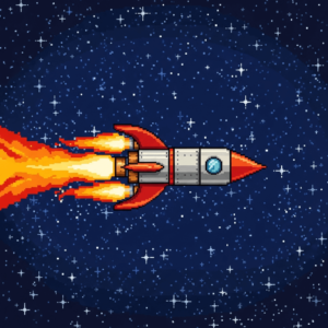 Side view of an 8-bit pixel art rocket ship launching with orange flames, set against a dark blue starry space background, evoking a vintage video game style