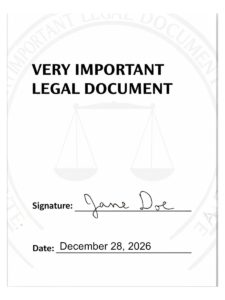 A pretend legal document with the hand-written signature ("Jane Doe") at the bottom.