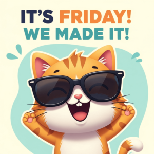cartoon cat wearing sunglasses, the text reads "It's Friday!We made it!