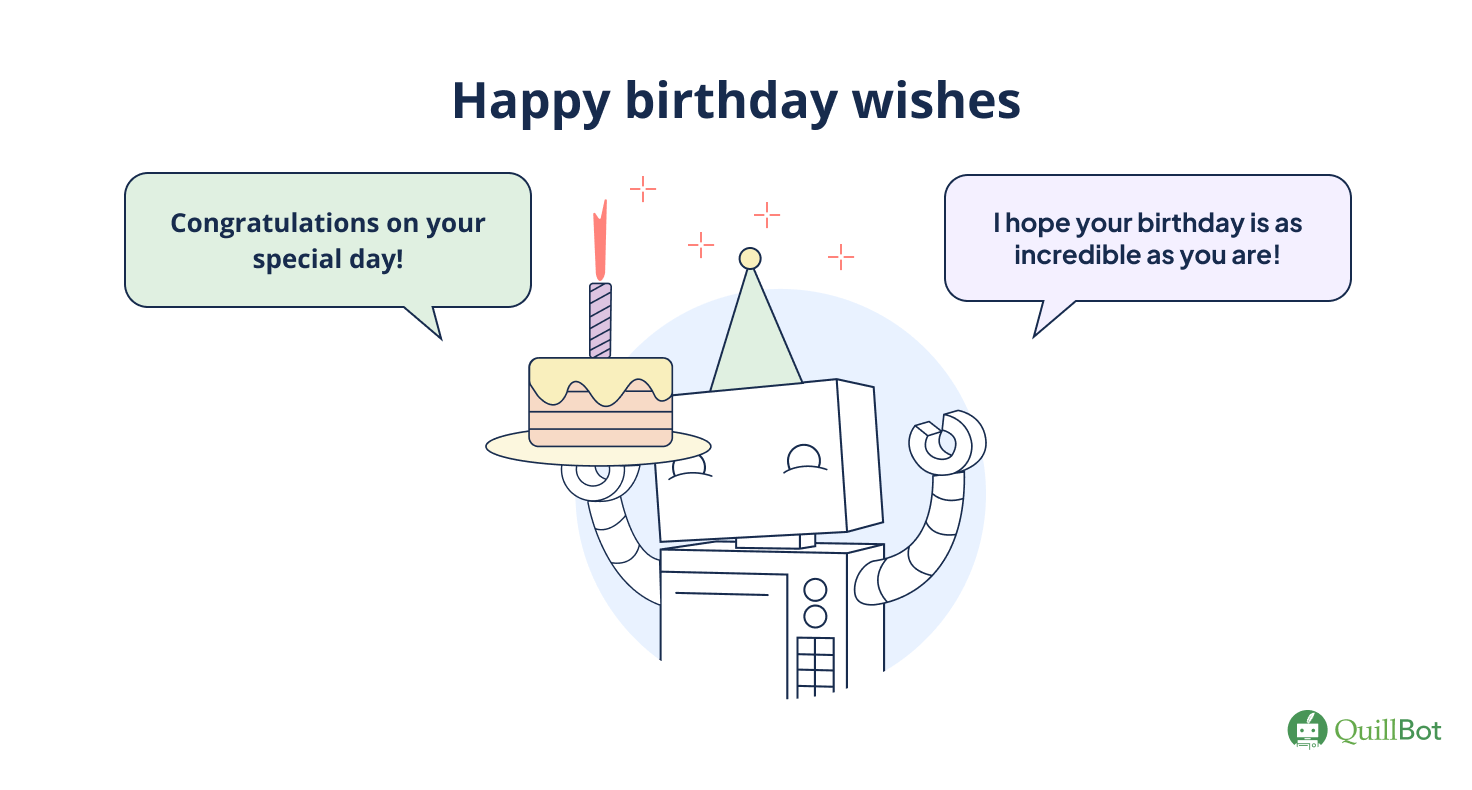 A QuillBot visual featuring a robot wearing a party hat, holding a cake, with speech bubbles offering birthday wishes