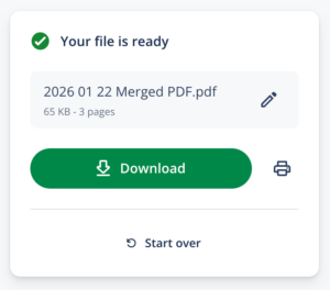 A screenshot of QuillBot's merge PDF tool showing how to rename and download the document