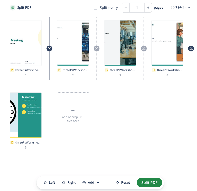 A screenshot showing the editing interface of QuillBot's Split PDF tool