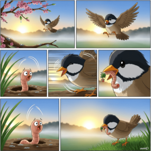 A storyboard showing the early bird catching the worm.