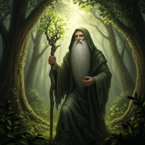 A wizard character in a forest with long green robes holding a wooden staff