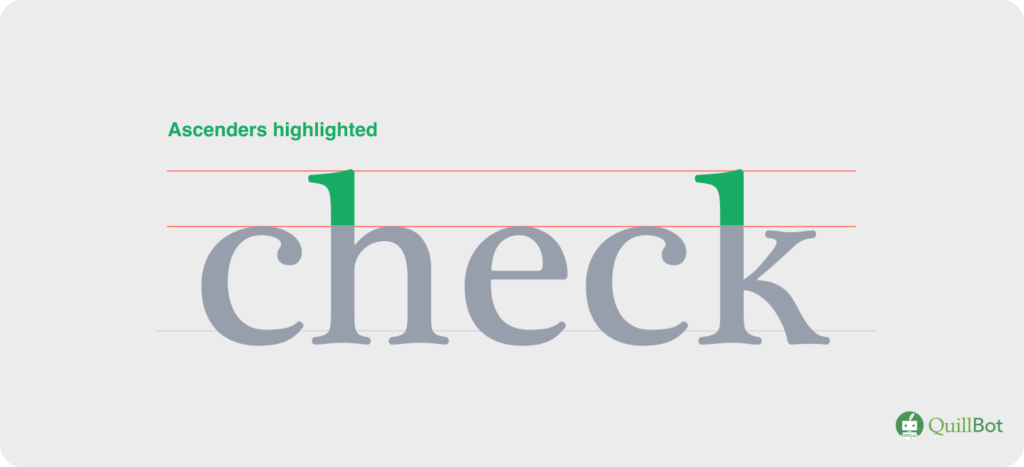 An imaging showing the word "check" with ascenders highlighted in green.