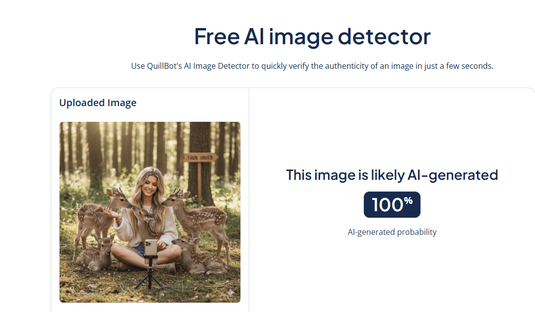 Photo of a female influencer sitting down surrounded by baby deer, uploaded to an AI image detector tool that flags the image as 100% synthetic.