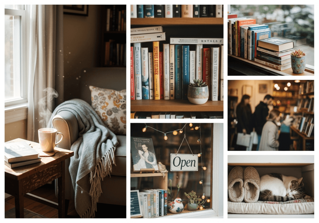 An AI-generated mood board for a made-up bookshop