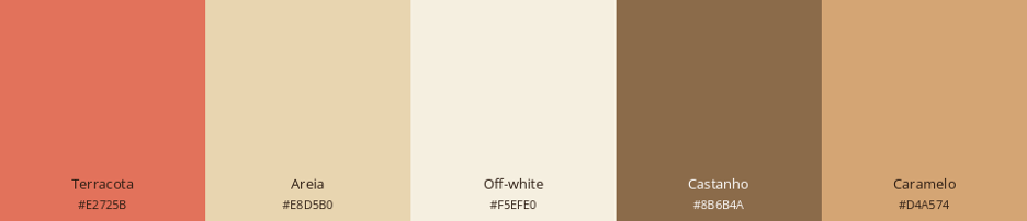 Paleta de cores contendo cinco tonalidades: terracota, areia, off-white, castanho e caramelo.