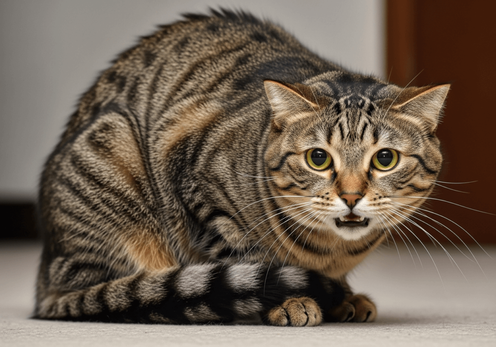 An AI-generated image of a cat displaying frightened body language