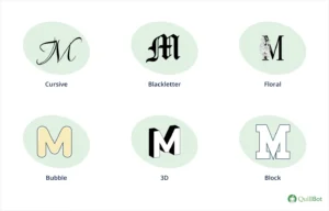 Six letter M designs: cursive, blackletter, floral, bubble, 3D, and block
