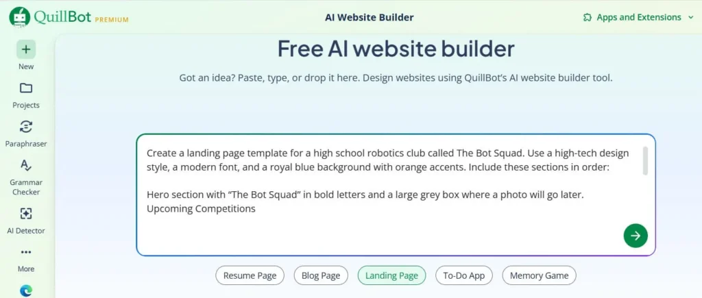 Quillbot Website Builder Landing Page with a prompt for a robotics club website