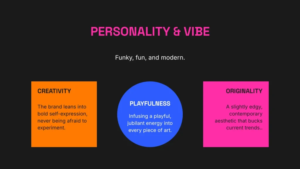 A page from a sample brand kit for an online art shop showing personality and vibe of the brand