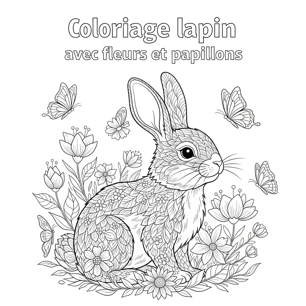 coloriage lapin fleurs papillons