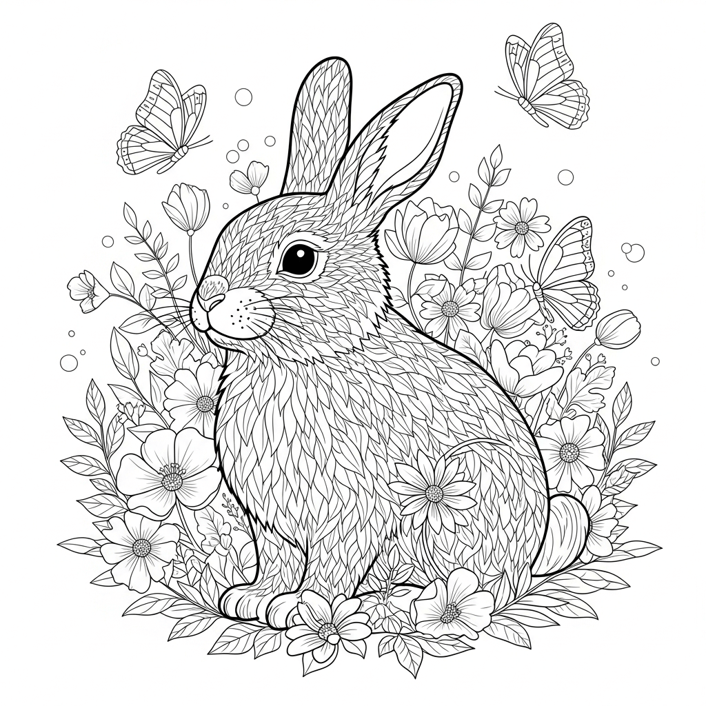coloriage lapin fleurs printemps