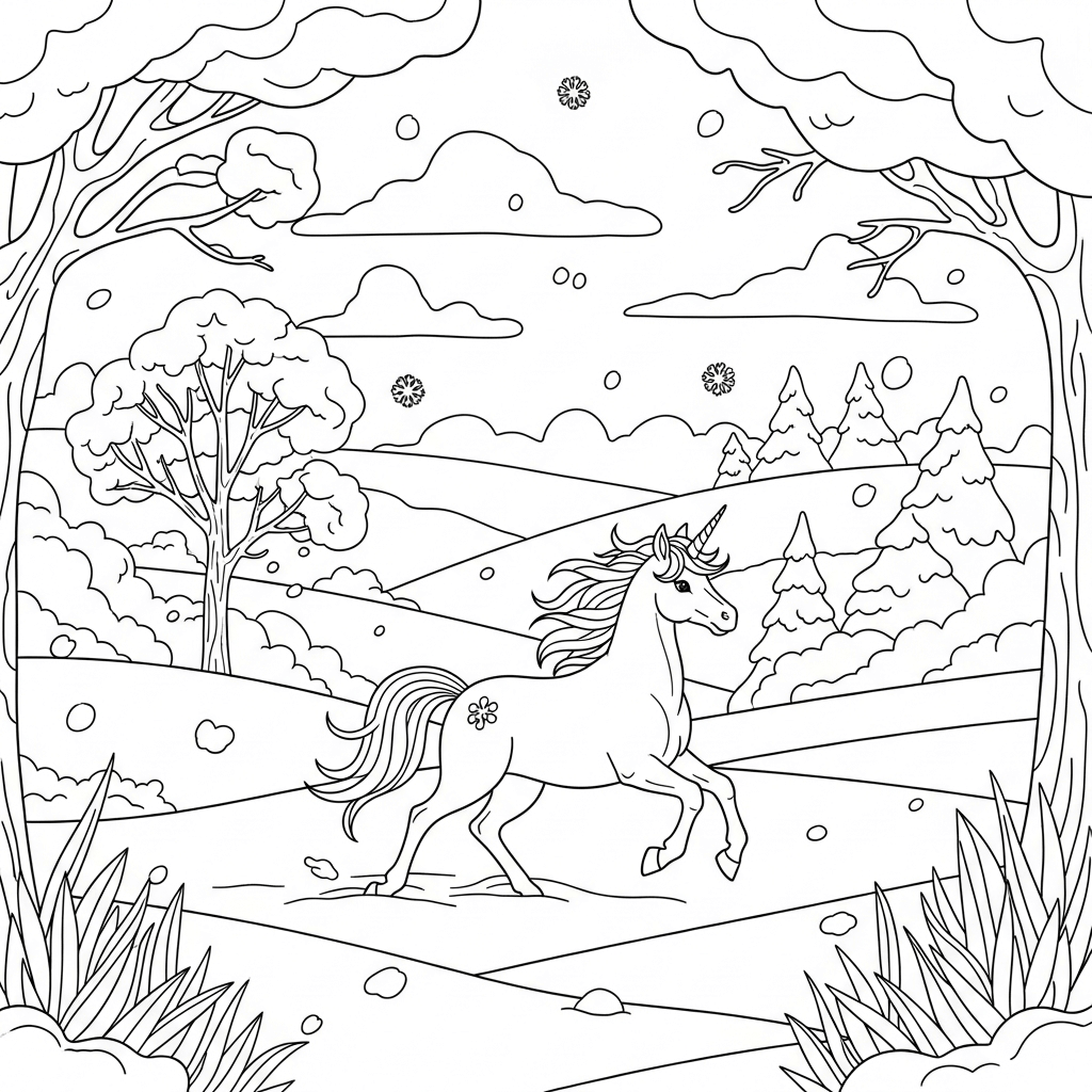 coloriage licorne foret neige