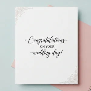 A simple and elegant wedding card that says "Congratulations on your wedding day" in delicate calligraphy