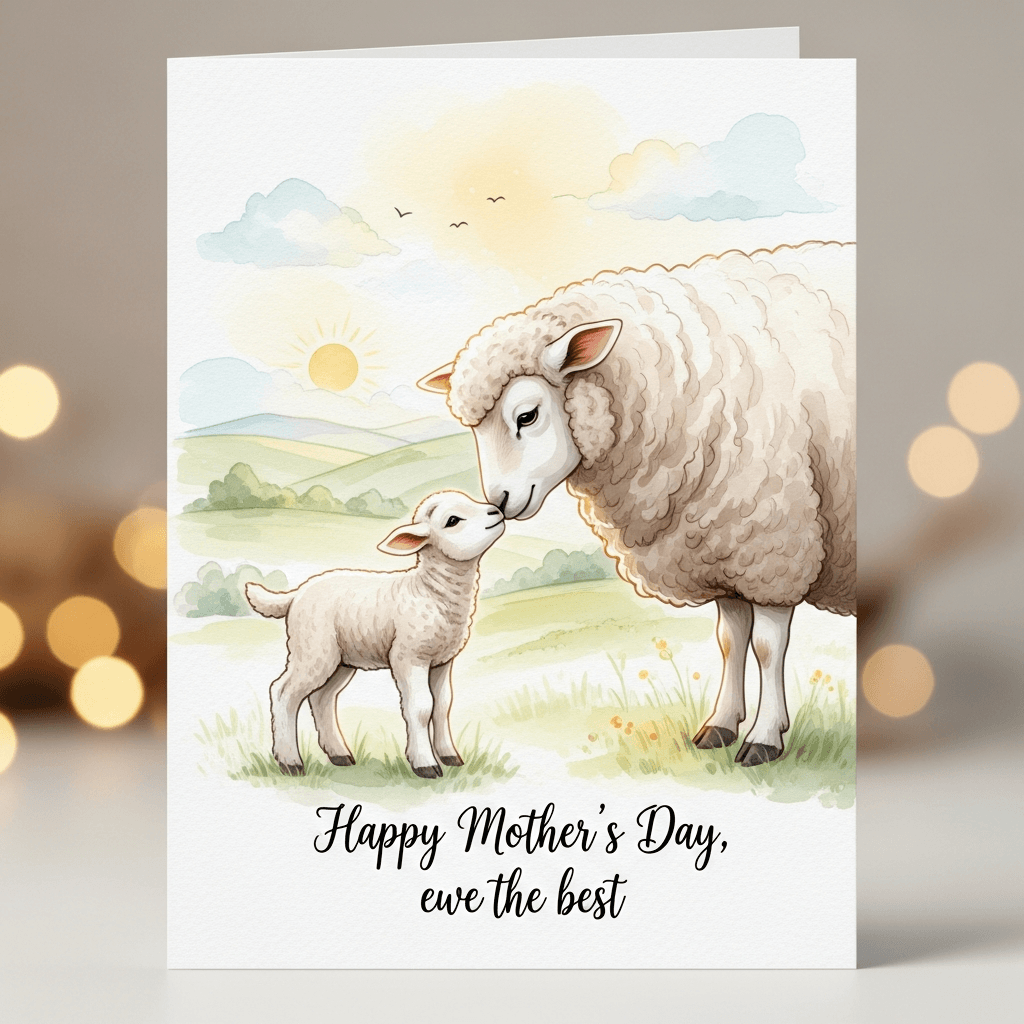 a pun-themed mother's day card that says "ewe the best" with a picture of a sheep and lamb