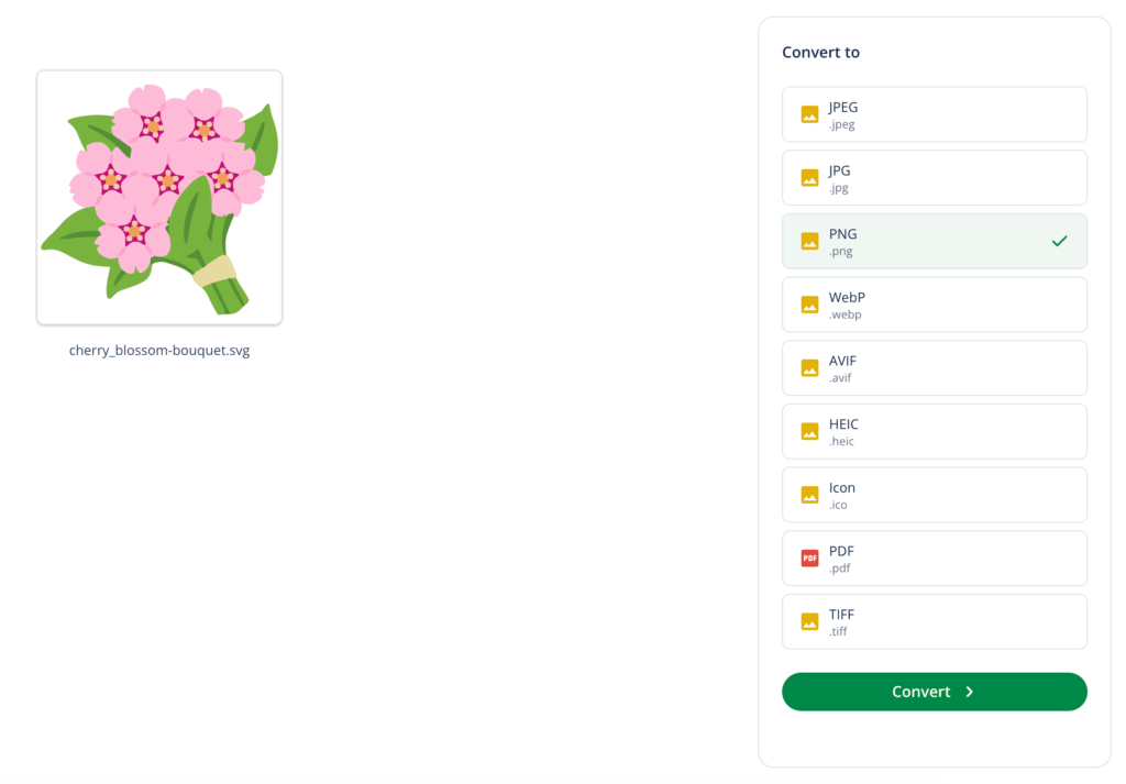 A screenshot of QuillBot's online SVG converter showing how to select the output file format