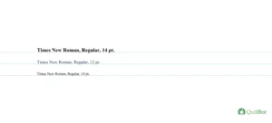 A imagem tem três linhas escrito, a primeira tem a frase e a letra Times New Roman, regular, em tamanho 14; a segunda, Times New Roman, regular em tamanho 12;e a terceira, Times New Roman, regular, tamanho 10.