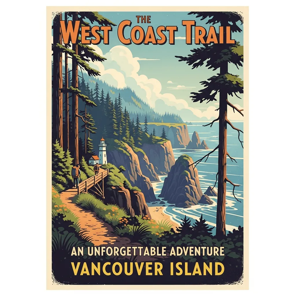 A retro West Coast Trail poster showing the coastal trail, a lighthouse, and the text "The West Coast Trail: An unforgettable adventure, Vancouver Island"