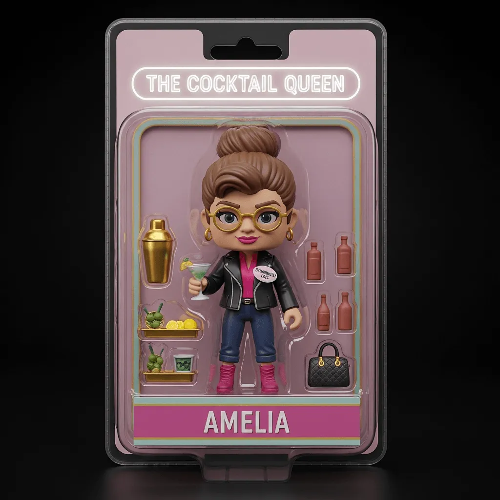 An action figure named Amelia, shown in a pink box with cocktail-making accessories