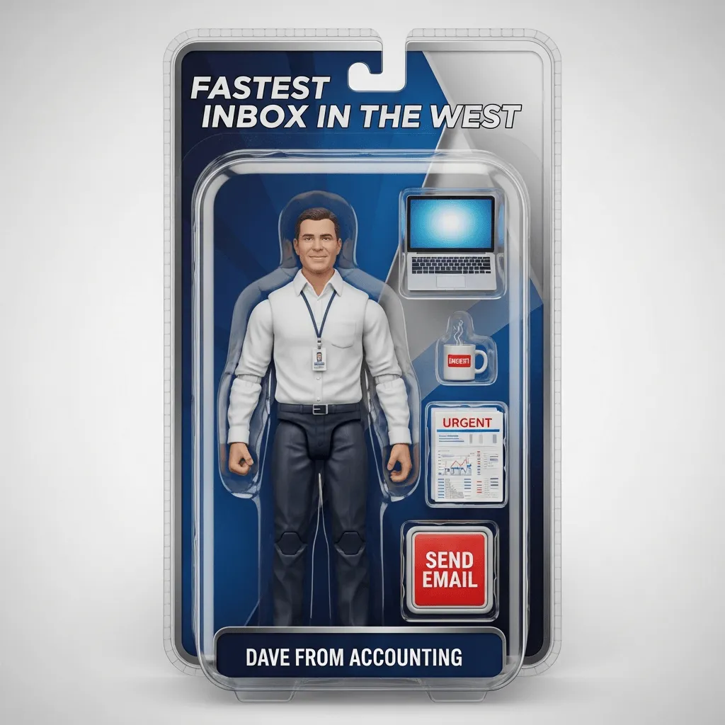Dave the action figure, shown in a blue box and surrounded by office accessories. Please do not add a black border.
