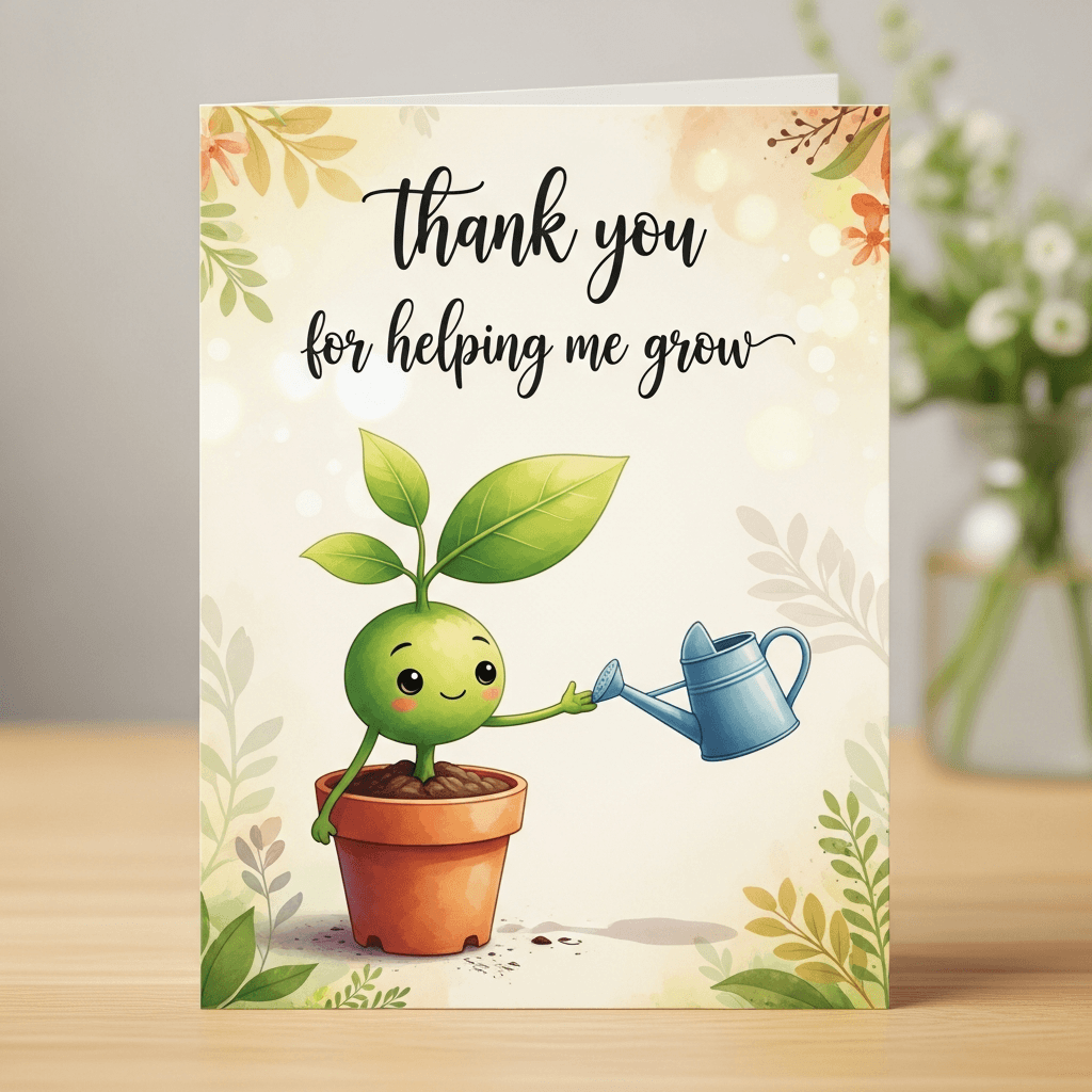 teacher appreciation card with a plant, watering can, and words: thanks for helping me grow